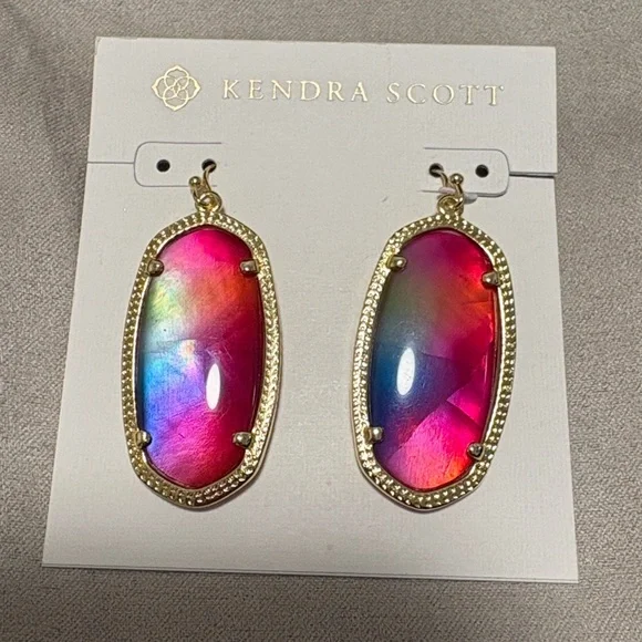 NWT [Kendra Scott] Elle Watercolor Illusion Iridescent Gold Frame Drop Earrings - Picture 2 of 8
